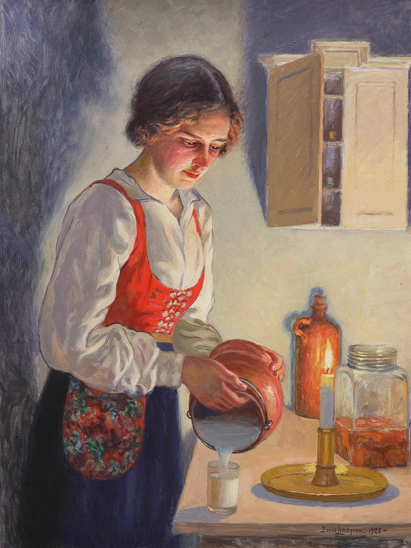 EMIL LINDGREN. olja på duk, kvinna i folkdräkt, signerad, daterad 1928. — Paintings — Auktionsmagasinet Vänersborg
