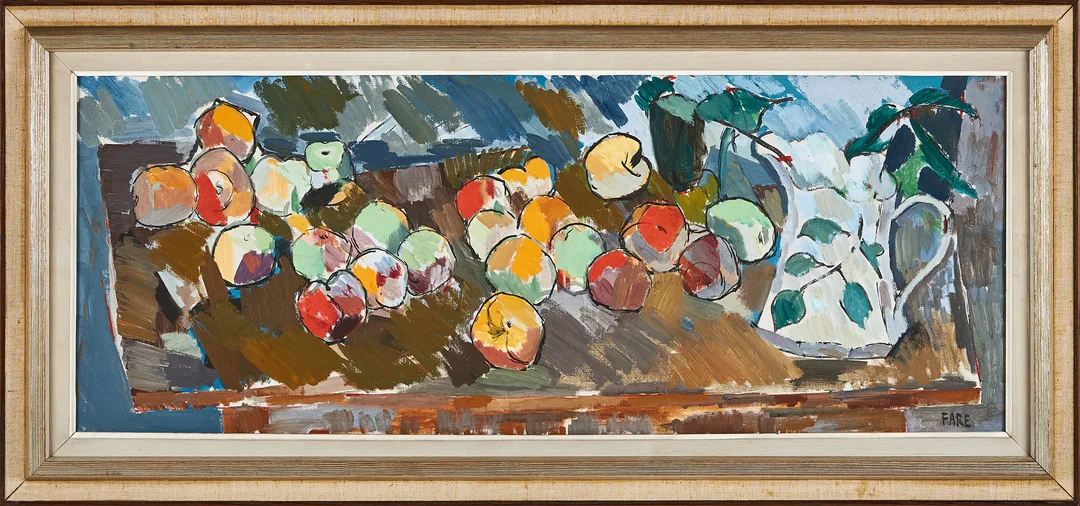 LEOPOLD FARE. Stilleben med kanna och äpplen, olja på duk, signerad. — Paintings — Stockholms Auktionsverk Magasin 5