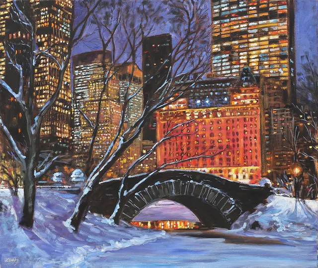 MARCUS JACOBSSON. "NYC, Central Parl snow and Plaza Hotel", akryl på duk, signerad Marcus.