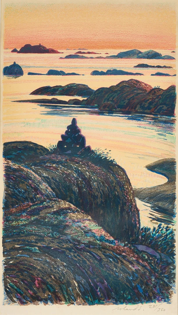 ROLAND SVENSSON (1910-2003). "Sommarnatt i storskärgår'n" ("Vårkväll Stora Nassa"), signerad och numrerad roland S. 281/360, färglitografi. — Engravings & Prints — Crafoord Auktioner Stockholm