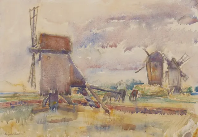 INGEGERD BESKOW. "Gamla Kvarnen Vickleby 1944", blandteknik, Ingegerd Beskow.