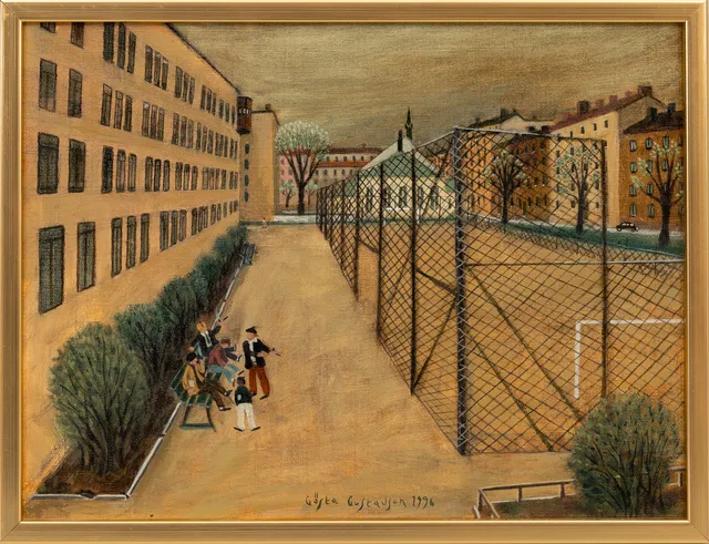 GÖSTA GUSTAVSON. Olja på duk,"Södermalmsskolans gård" signerad, 1996.
