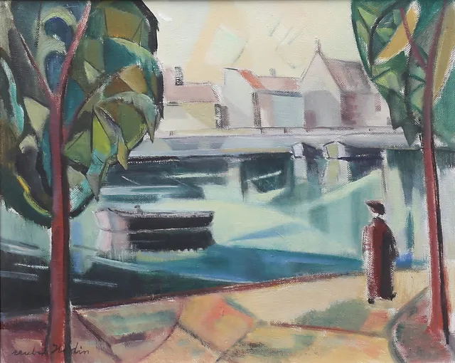 REUBEN HEDIN. Olja på duk, hus vid kanal, signerad.