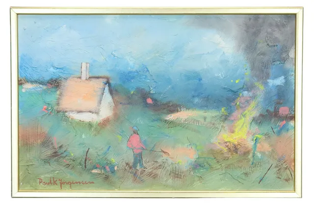 PAUL K JÖRGENSEN. Olja på pannå, "Lövbränning", signerad.