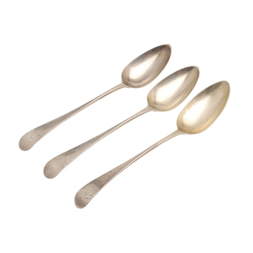 THREE GEORGE III SILVER OLD ENGLISH PATTERN SERVING SPOONS BY PETER & ANN BATEMAN. — Silver — Lawrences Auctioneers