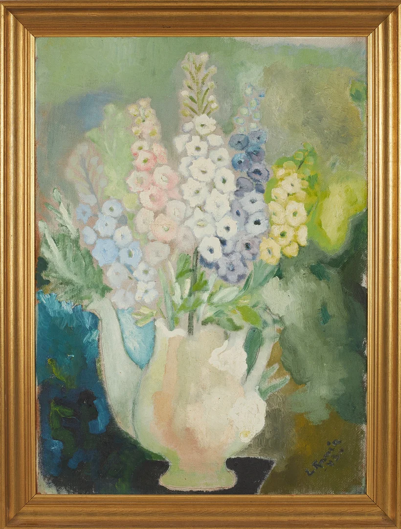 EBBA RAMÉN (1910-1957). Blomsterstilleben med gladiolus, olja på pannå, signerad och daterad -43. — Paintings — Stockholms Auktionsverk Sickla