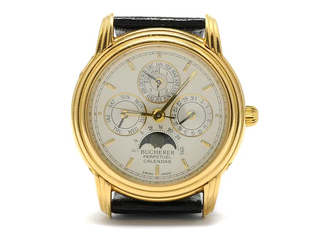 BUCHERER, Perpetual Calendar, Cal ETA 2892 A2 (Dubois Dépraz), Ref nr. 2892-004, Boett nr. 106, herrur, 35 mm, 18K guld, automatisk, safirglas, evighetskalender (dag, datum, månad, skottår), månfas, glasbaksida, läderband, ca 1995.