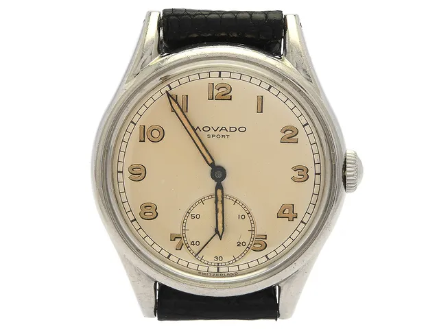 MOVADO, Sport, "Francois Borgel Case", Cal 125, Boett nr. 1163690 / 18127, herrur, 34 mm, stål, manuell, plexiglas, liten sekundvisare, skadad urtavla/visare, läderband, ca 1950.