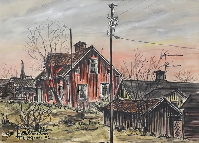 LARS HULTGREN. "Besväret, Oskarshamn". Blandteknik, signerad och daterad 72.