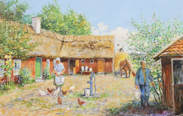 LENNART MÖLLER. Olja på duk, lantlig idyll, signerad.