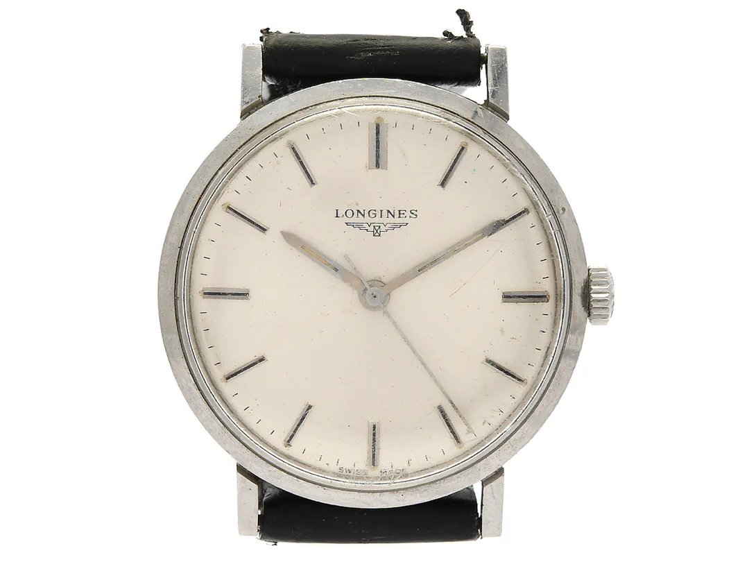LONGINES, herrur, 34,5 mm, Cal 284, Serie nr. 13904381, Boett nr. 7839 2, stål, manuell, plexiglas, skadad urtavla, skadad boett, läderband, ca 1966. — Klockor/Longines — Kaplans