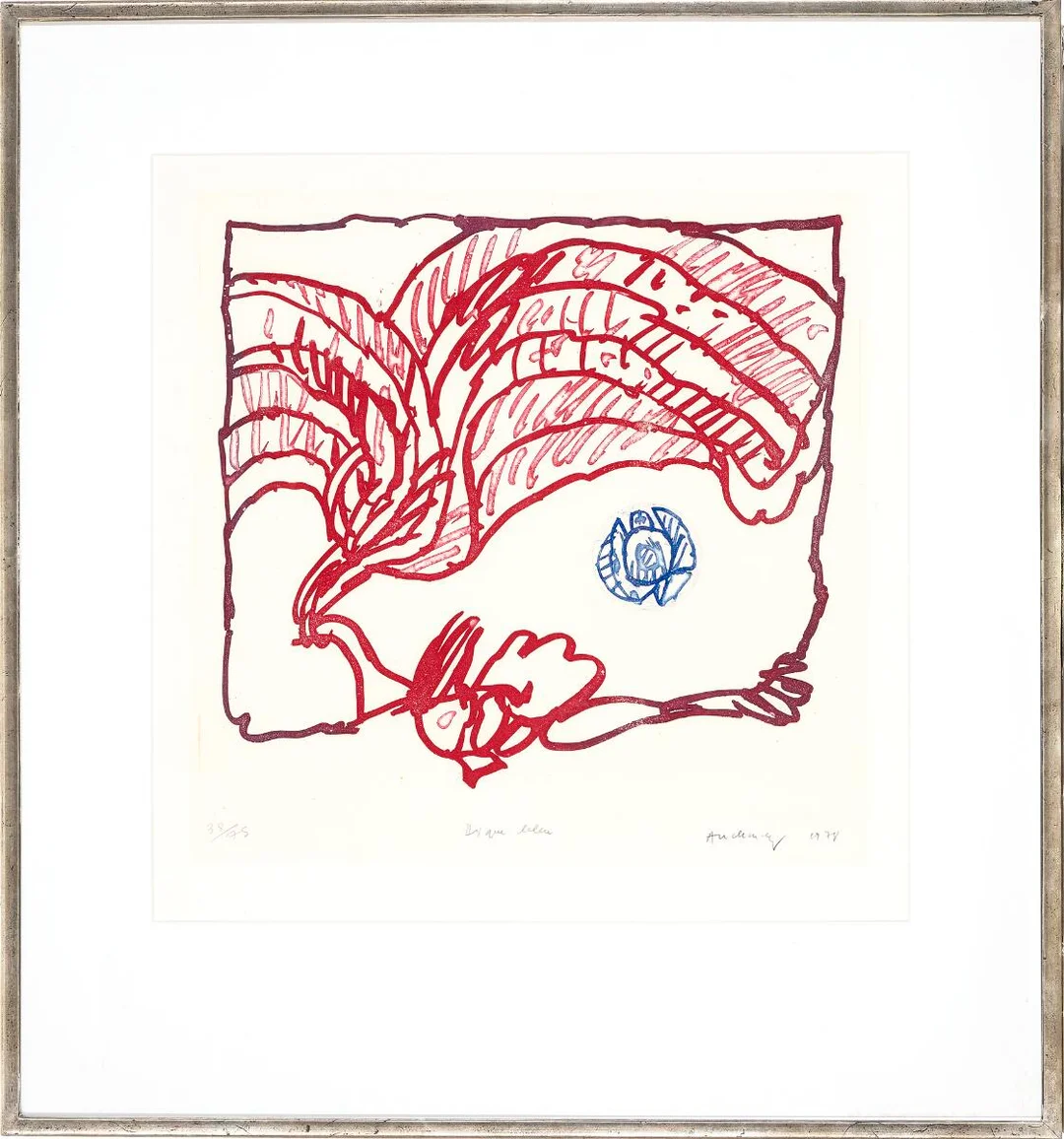 “Disque bleu”. Signed Alechinsky 1978, 38/75. Aquatint and etching in colours. Visible size 48×47 cm. — Modern Prints/CoBrA — Bruun Rasmussen