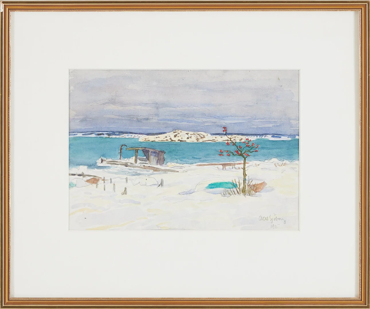 AXEL SJÖBERG. Sandhamn - Vinterlandskap. Akvarell, signerad och daterad 1915. — Paintings — Stockholms Auktionsverk Magasin 5