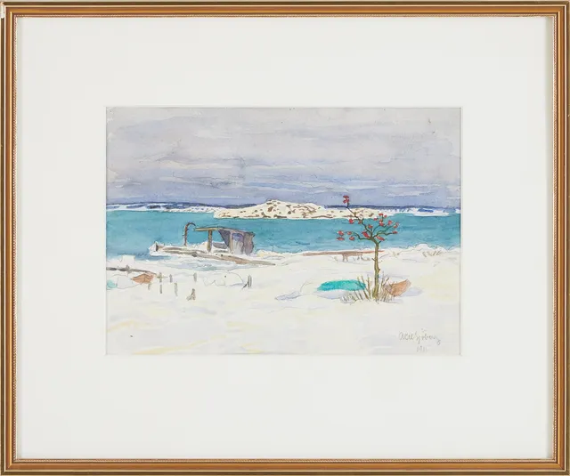 AXEL SJÖBERG. Sandhamn - Vinterlandskap. Akvarell, signerad och daterad 1915.