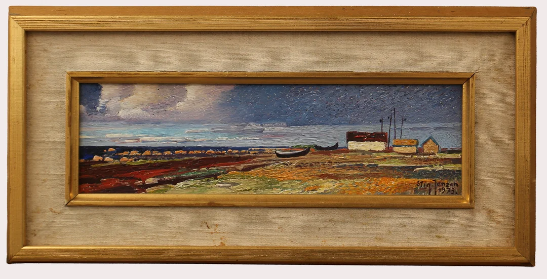 STIG JONZON. Olja på pannå, "Bredsättra Öland", signerad, daterad 1973. — Paintings — Limhamns Auktionsbyrå