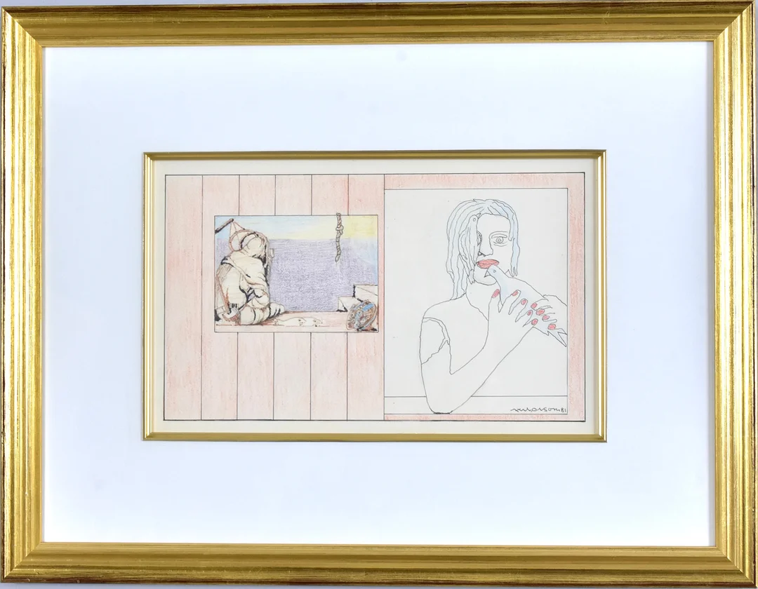 AXEL OLSON. tusch och pastellkrita, "Sjömannen och sirenen". — Drawings — Halmstads Auktionskammare