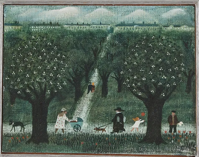 GÖSTA GUSTAVSON (1931-2008). (2) "Trädgården", "På perrongen", olja på pannå resp. olja på duk, signerade och daterade 1974 resp. 1979.