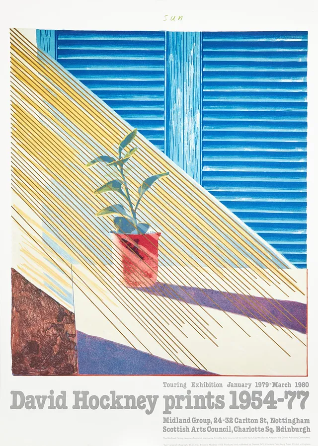 DAVID HOCKNEY. EFTER. Utställningsaffisch "Sun", David Hockey prints 1954-77, 1973.