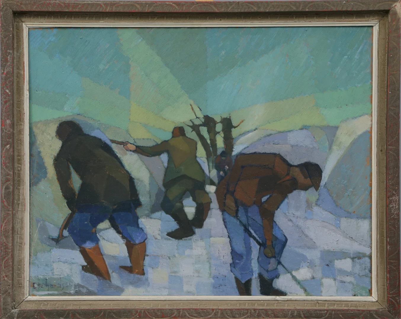 EBBE EBERHARDSON. OLJA, på pannå, Snöskottning, signerad. — Paintings — Kalmar Auktionsverk