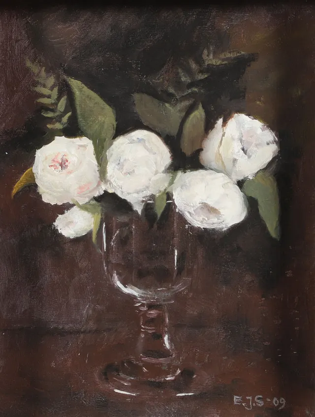 ELISABET JERNEBORG STÅHL. Blomsterstilleben, olja på pannå, monogramsignera E.J.S -09.