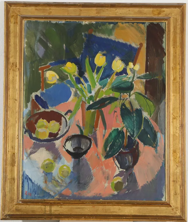 POUL S. NIELSEN (1920-1998). Opstilling med blomster, planter og frugter, olie på lærred, 1955.