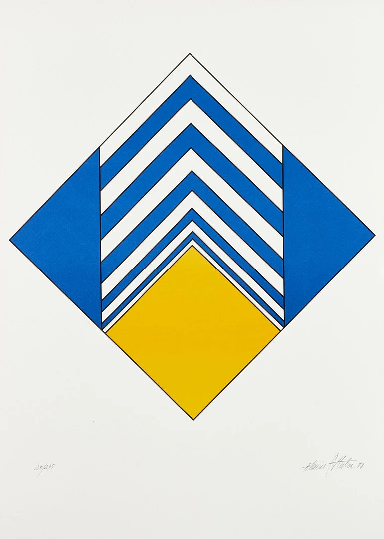 ALEXIUS HUBER (Tyskland/Sverige, född 1939), Konkreta kompositioner (2), signerade och daterade 78, numrerade, färgserigrafier. — Engravings & Prints — Crafoord Auktioner Stockholm