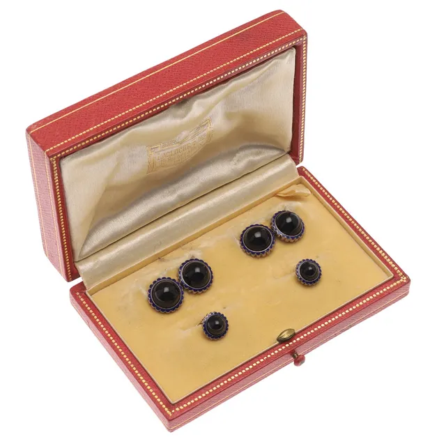 A CASED SET OF CUFFLINKS AND DRESS STUDS BY LACLOCHE.
