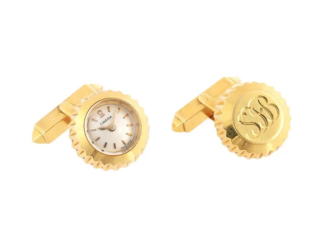 OMEGA, manschettknappar, Cal 440, Serie nr. 16641005, Boett nr. 366299, 18K guld, 16 mm, manuell, safirglas, monogram, totalvikt 20,5 gram, ca 1958, etui.