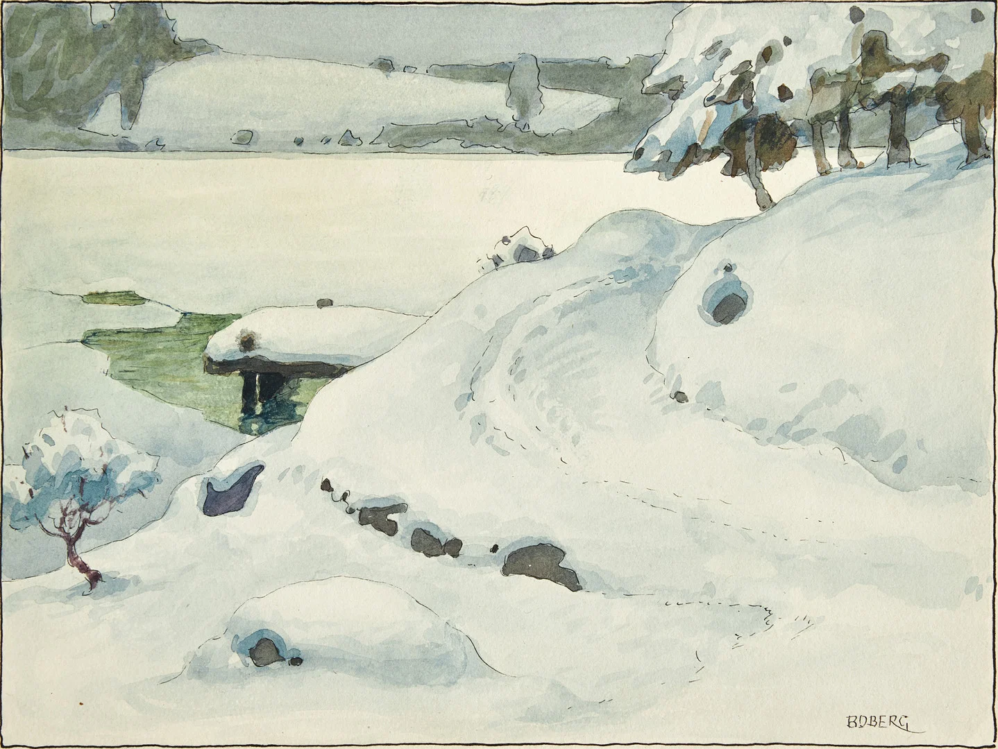 FERDINAND BOBERG (Falun 1860-1946 Stockholm): Vinterlandskap med brygga intill ett fruset vattendrag, signerad ”Boberg”, Tusch och akvarell, svarta ramlinjer, lagd på kartong. — Paintings — Crafoord Auktioner Stockholm