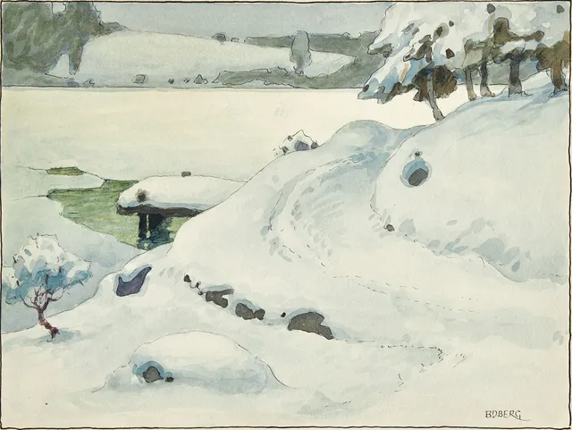 FERDINAND BOBERG (Falun 1860-1946 Stockholm): Vinterlandskap med brygga intill ett fruset vattendrag, signerad ”Boberg”, Tusch och akvarell, svarta ramlinjer, lagd på kartong.