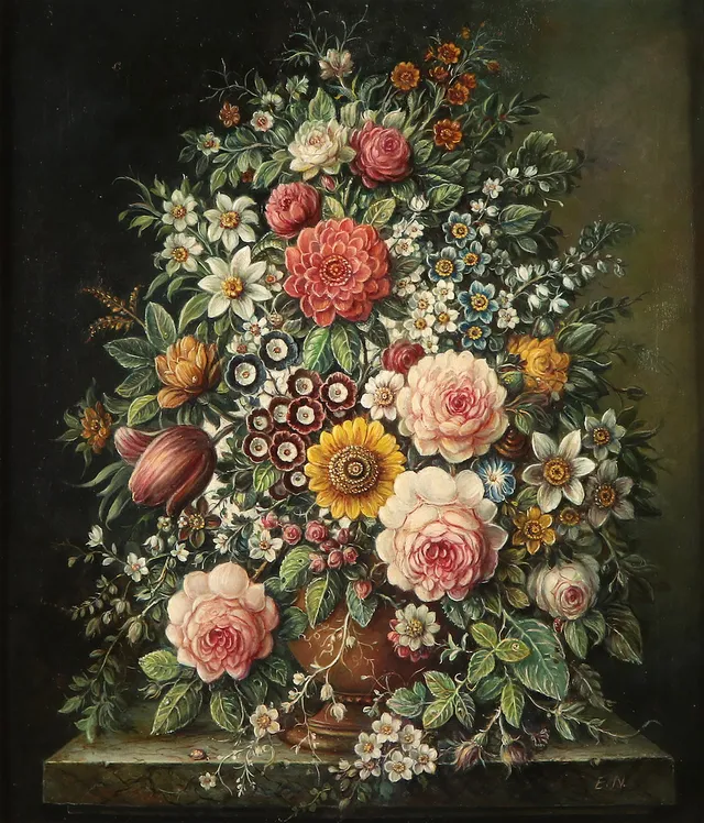 OIDENTIFIERAD KONSTNÄR, SIGNERAD E.N. Oljemålning på duk. Blomsterstilleben, efter Johan Laurentz Jensen.