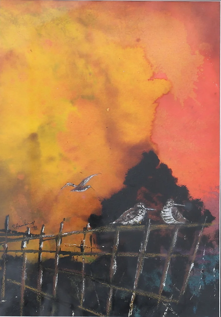 GÖRAN HAUSENKAMP. Fåglar på staket. Blandteknik, signerad och daterad -98. — Paintings — Auktionshuset Thelin & Johansson