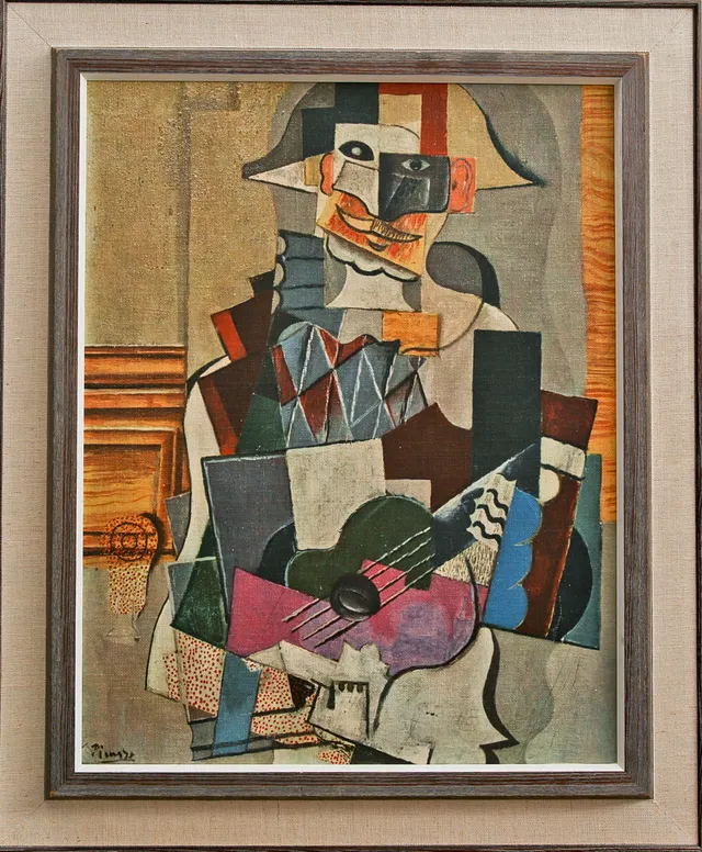 PABLO PICASSO. Master Art-tryck, ''Harlekin med gitarr", tryckt signatur.