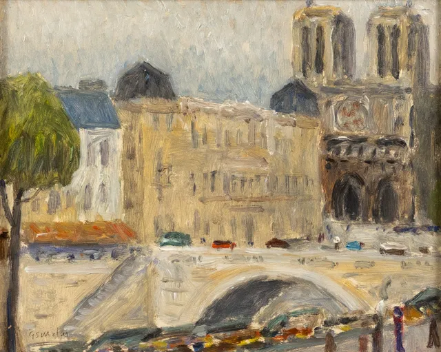 GUNNAR S MALM. Olja på pannå, Parismotiv med Notre-Dame, signerad.