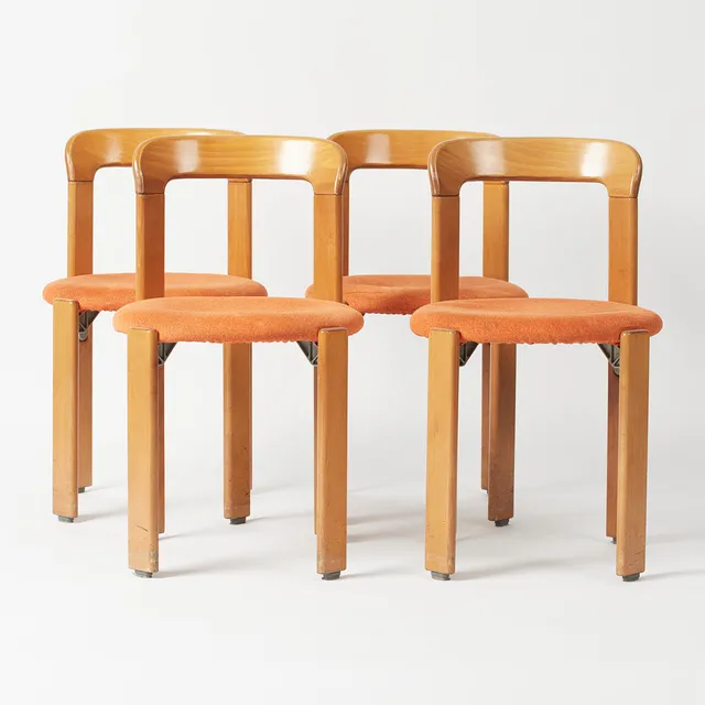 BRUNO REY. Kusch & Co. Set Stühle / Esszimmerstühle, Modell 'Rey Chair 33', Buche, Textil, Entwurf 1971, Deutschland. (4).