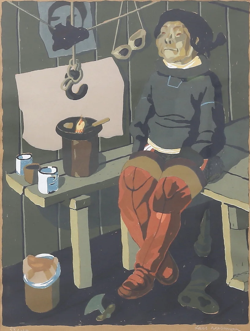 LARS NORRMAN. Sittande inuit. Färglitografi, signerad och numrerad 58/160. — Engravings & Prints — Auktionshuset Thelin & Johansson