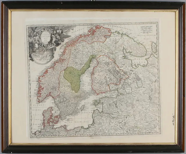 KARTA, "Les Trois Covronnes Du Nord / Scandinavia complectens Sueciae Daniae & Norvegiae Regna ex Tabulis", Johann Baptist Homann. 1700-talets första hälft.
