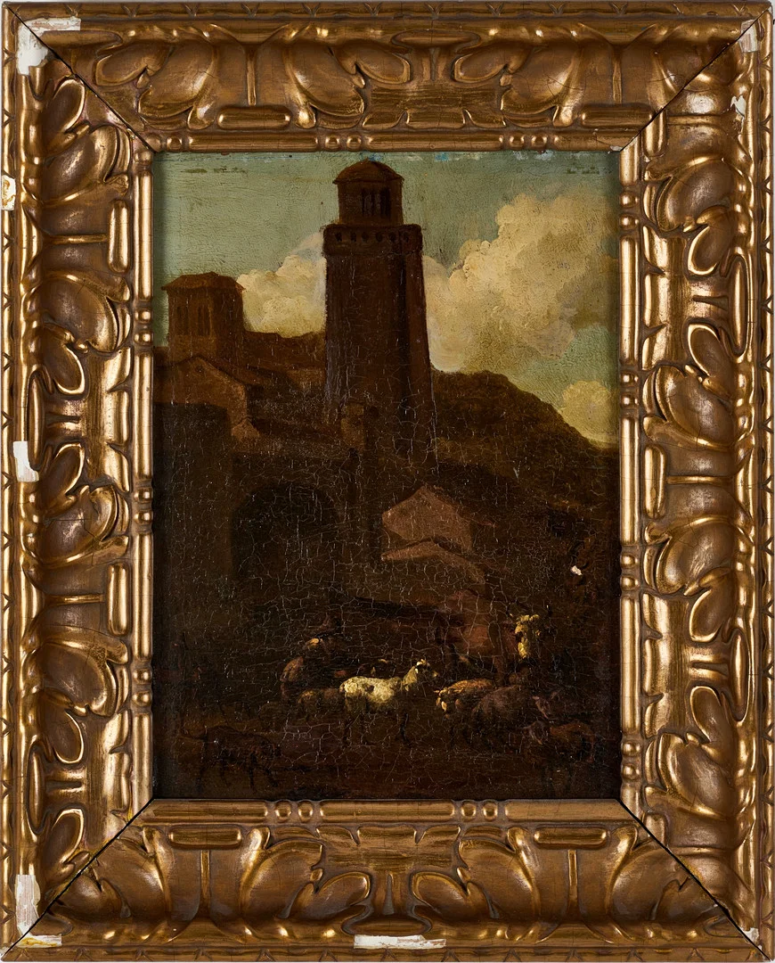 OIDENTIFIERAD KONSTNÄR. Pastoralt landskap med boskapsdjur, signerad, olja på pannå, 17/1800-tal. — Paintings — Crafoord Auktioner Stockholm