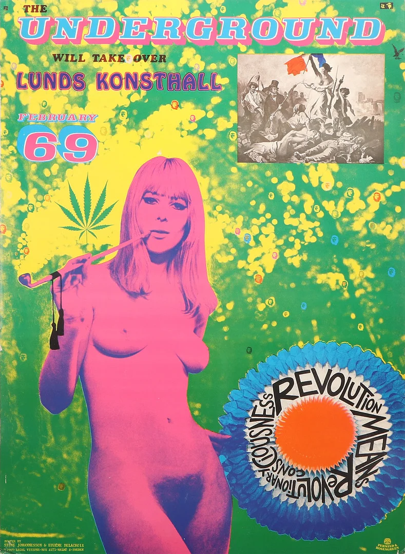 STURE JOHANNESSON. & EUGÉNE DELACROIX. Affish. "The Underground will take over Lunds Konsthall", February 69. Permild & Rosengren. — Engravings & Prints — Skånes Auktionsverk