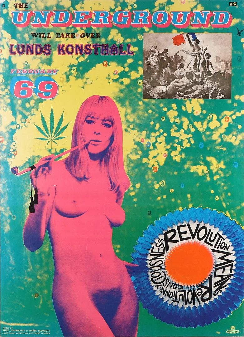 STURE JOHANNESSON & EUGÉNE DELACROIX. Affish. "The Underground will take over Lunds Konsthall", February 69. Permild & Rosengren. — Engravings & Prints — Skånes Auktionsverk