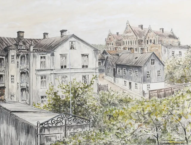 LARS HULTGREN. "Odenbacken Ohamn, omkr. 46". Akvarell, signerad och daterad 89.