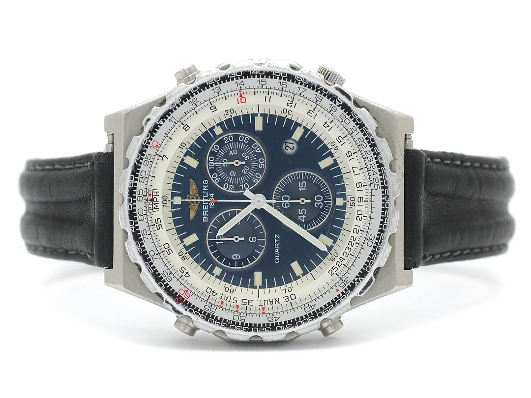BREITLING, Jupiter Pilot, Serie nr. 14559, Ref nr. A59027, kronograf, herrur, 41,5 mm, stål, quartz, mineralglas, datum, skadad urtavla, läderband, originalspänne, ca 1993, box. — Klockor/Breitling — Kaplans