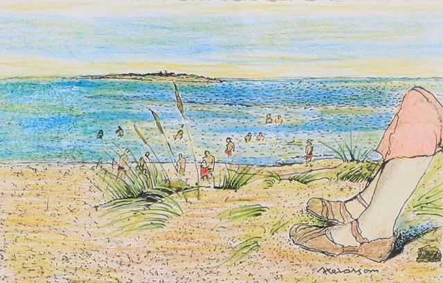 AXEL OLSSON. Badstrand, tckning, signerad.