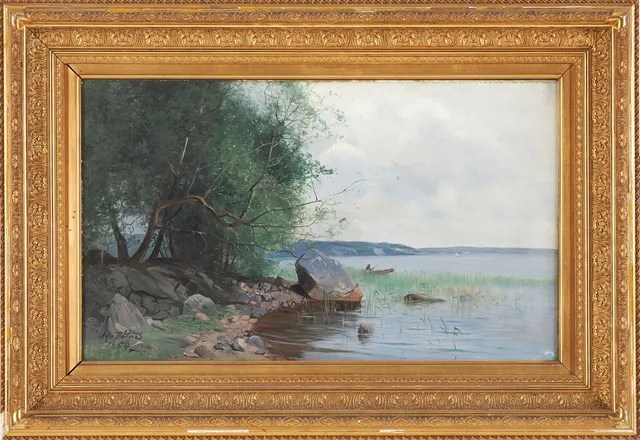 ALFRED THÖRNE. Kustmotiv med fiskare, olja på duk, signerad oh daterad 1884.