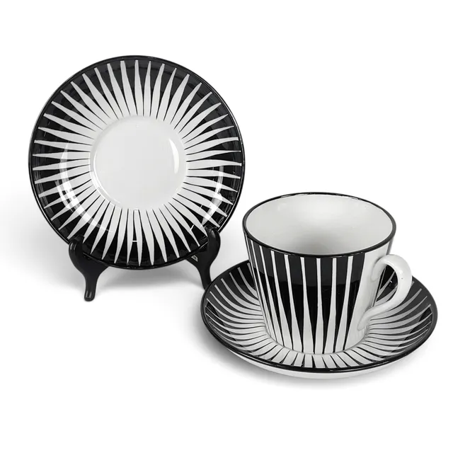 EUGEN TROST. Tekopp med fat, 3 delar, "Zebra", flintgods, Upsala-Ekeby Gefle.