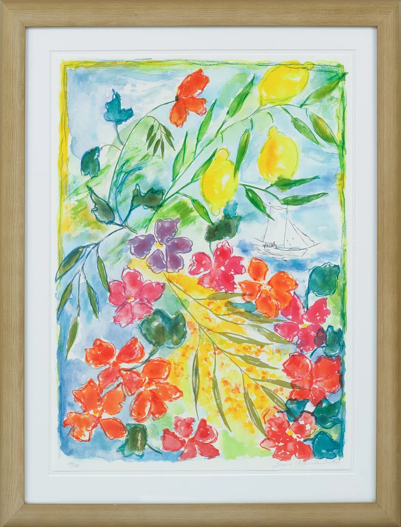LENA A LINDERHOLM. Blommor och segelbåt, färglitografi, signerad och numrerad 104/190. — Engravings & Prints — Göteborgs Auktionsverk