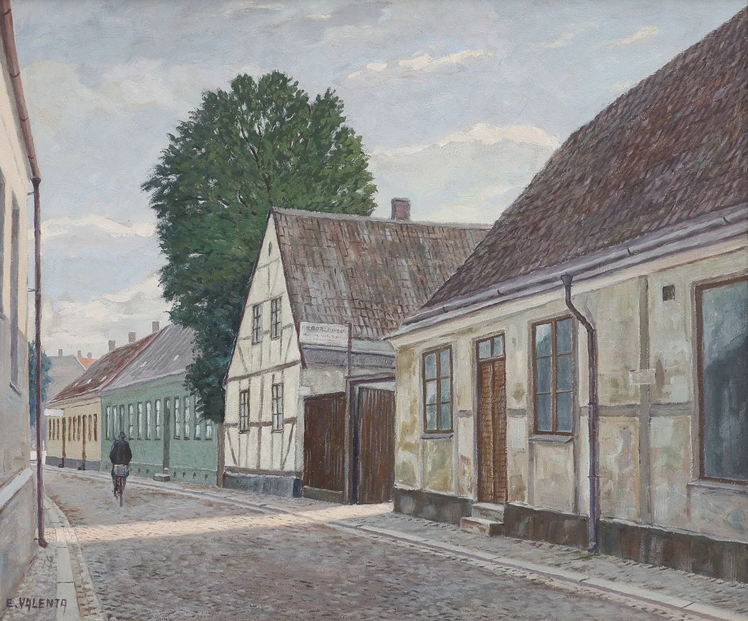 EDUARD VALENTA (1908-1974). ETT LUNDENSISKT GATUMOTIV. — Paintings — Crafoord Auktioner Lund