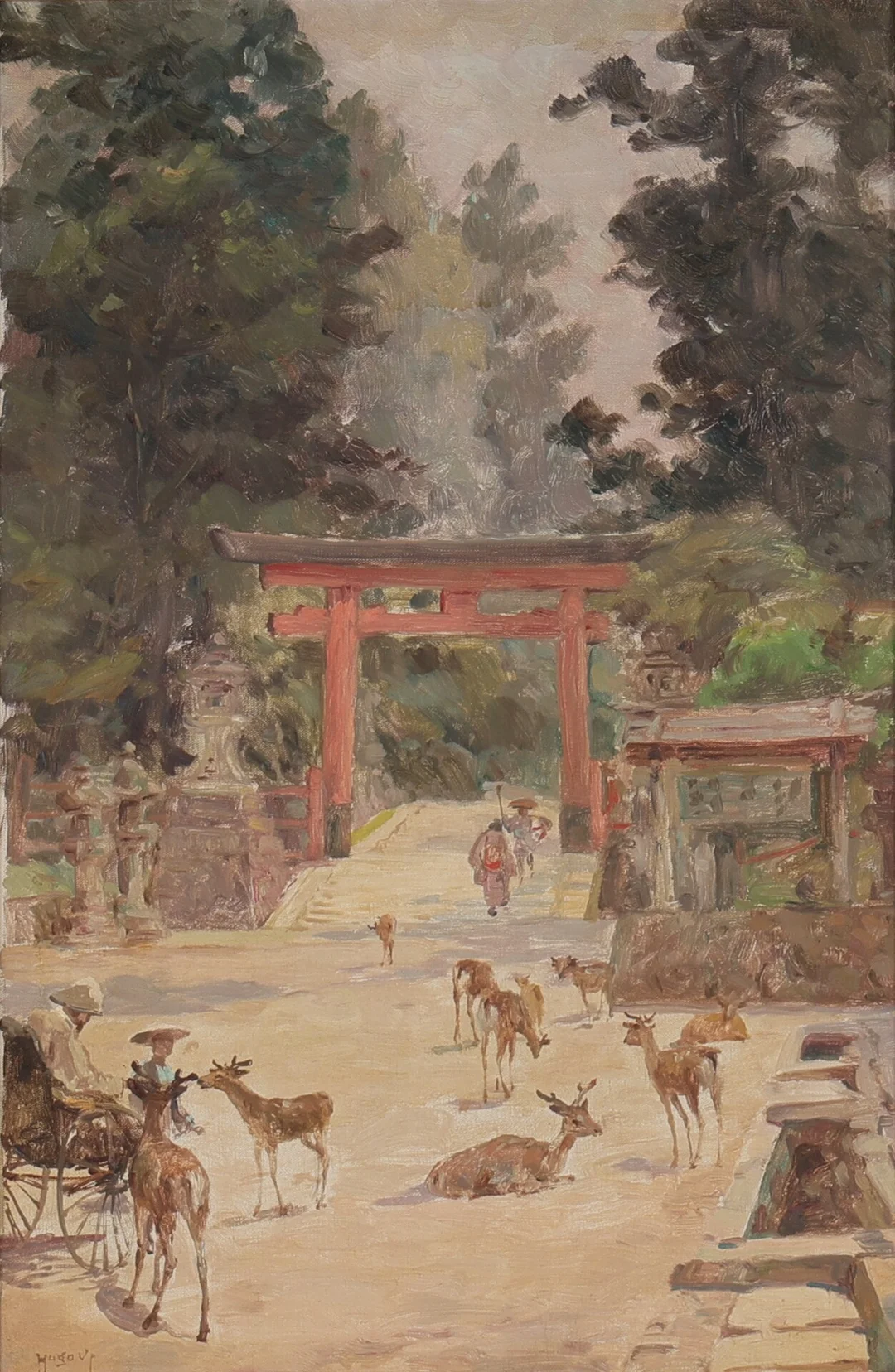 Hugo V. Petersen: Deer and folk life at a temple gate — Paintings and sculptures/Modern pictorial arts — Lauritz