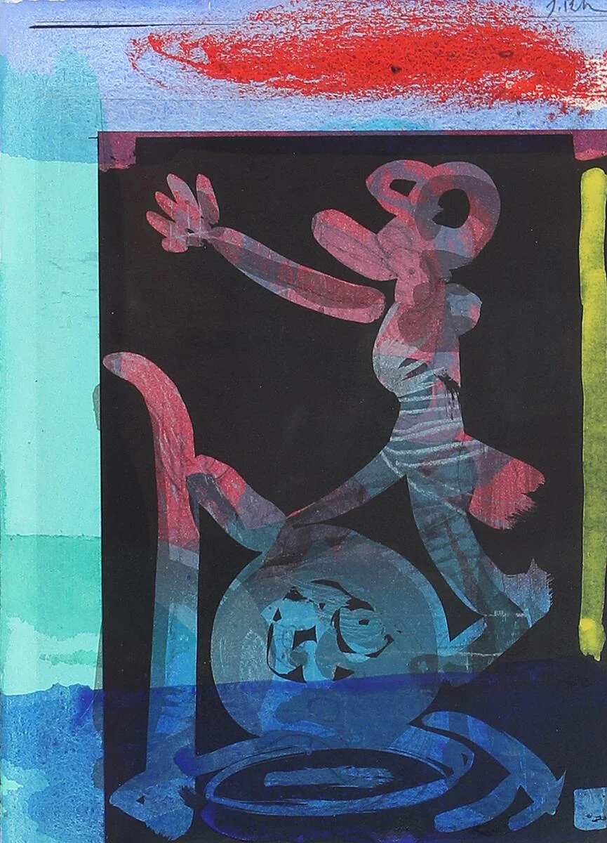 Jens Birkemose: Untitled. Signed J. Birkemose. Hand-coloured print. Sheet size 26 × 18.5 cm. — Modern Paintings/Modern art — Bruun Rasmussen