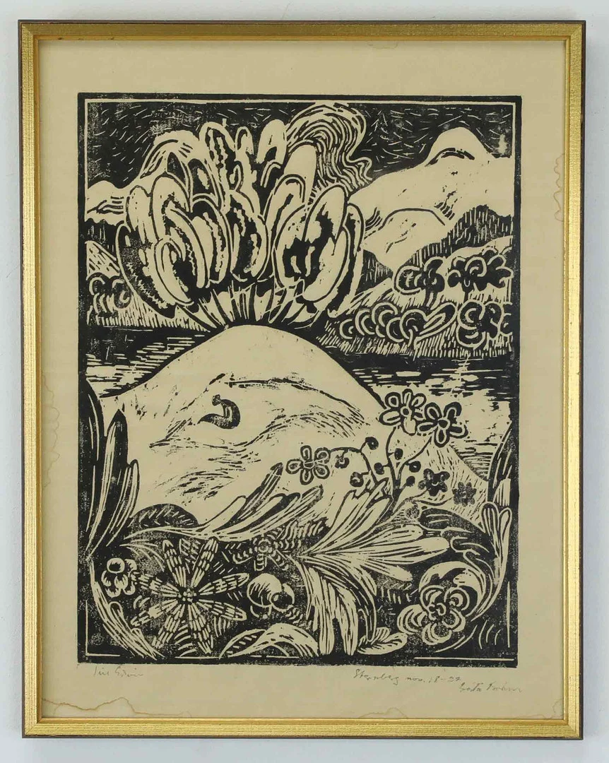 GÖSTA BOHM. Linoleum, "Stenberg" signerad, daterad nov.18 1922. — Engravings & Prints — Hälsinglands Auktionsverk